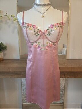 Victoria's Secret Pink Satin Floral Embroidered Slip